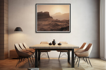 living room with a minimalist table and chairs and a large mockup painting