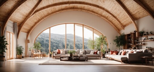 Vaulted cathedral ceiling in house. Interior design of modern living room  - obrazy, fototapety, plakaty