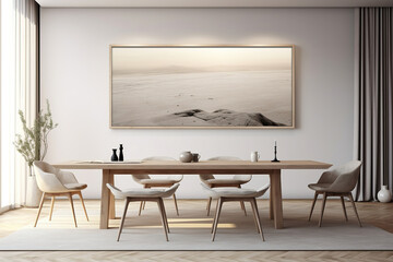 Fototapeta premium living room with a minimalist table and chairs and a large mockup painting