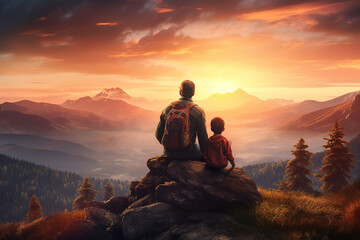 father with his son on the top of the mountain watching the sunset - concept of education and life lessons - obrazy, fototapety, plakaty