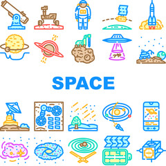 space exploration planet icons set vector. astronaut science, future galaxy, universe technology, cosmos, sky earth, star space exploration planet color line illustrations