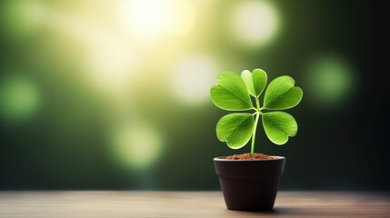 Green clover plant in pot on wooden table with bokeh light background - obrazy, fototapety, plakaty
