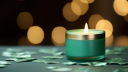 Obraz na płótnie Canvas Green candle with shamrock on bokeh background