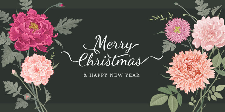 Merry Christmas and happy new year web banner or greeting card template with beautiful hand drawn flowers and leaves. Festive background. Vector illustration