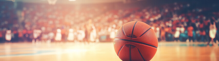 basketball ball in a stadium close up - copyspace - obrazy, fototapety, plakaty