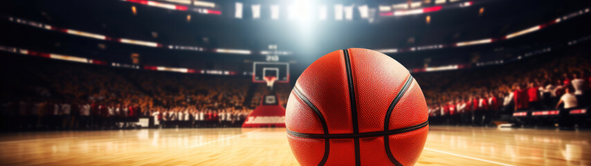 basketball ball in a stadium close up - copyspace - obrazy, fototapety, plakaty