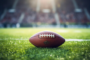 American football ball on the grass of a stadium - copyspace