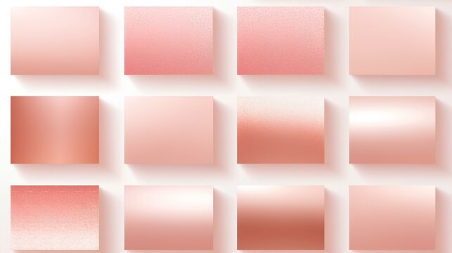 A colorful set of gradients. Gold, peach, pink, bronze metallic gradients. A collection of samples of a shiny peach metallic color palette.
