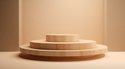 An empty modern round wooden or plastic podium in peach color, for cosmetics, or jewelry, 3D background.