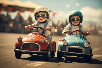 Pedal to the Metal: Kids' Thrilling Race in Pedal Cars. Kids in pedal cars race down the track, full of zeal.