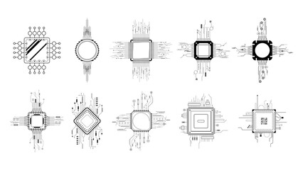 Set Abstract Collection Black Simple Line Cpu, Computer, Technology Doodle Outline Element Vector Design Style Sketch Isolated On White Background Illustration