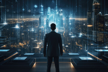Back view of Businessman looking at night City Ai generator