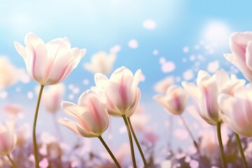 beautiful blooming tulip field on abstract blue sky in springtime, floral concept. generative ai.