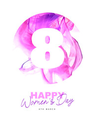 Poster for International Women's Day - March 8. Pink watercolor ink as a symbol of femininity, the universe or a peony bud.