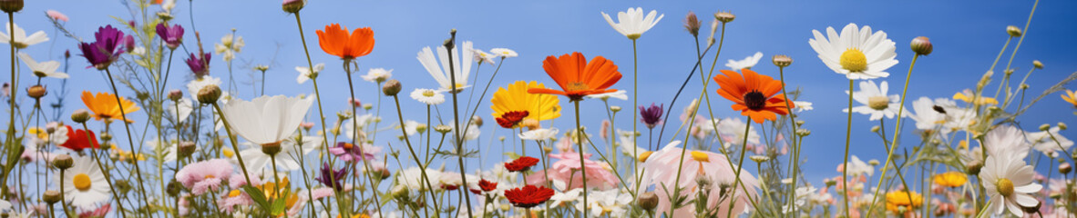 7616x2560,w6:h2, The edge of a vast and enchanting field of wildflowers - obrazy, fototapety, plakaty