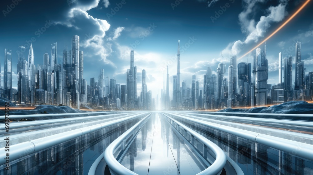 Poster digital city, smart city, abstract lines, architecture in the visual middle. generative ai.