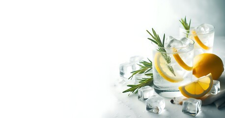 Detox water with lemon and rosemary in a glass on white background ai genrative