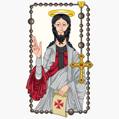 Apostle Santiago with Christian rosary as a frame
