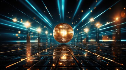 Disco ball rays, Dance floor room with mirror ball reflections, Night club stage lights and party background. Generative AI.