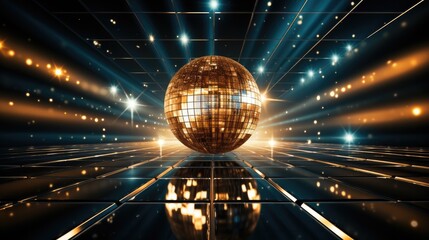 Disco ball rays, Dance floor room with mirror ball reflections, Night club stage lights and party...