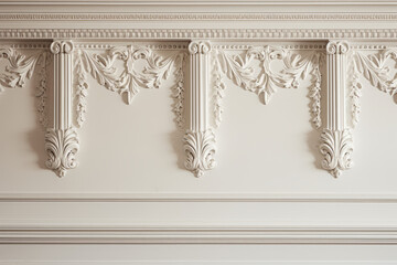 Close up of colonial white casing ornamental Moulding wall, surface material texture