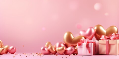 Fototapeta na wymiar Happy valentines day banner. Pink and gold hearts