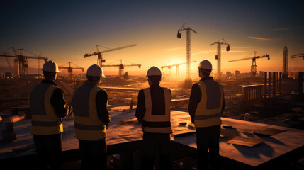 Fototapeta premium Engineers looking for blueprints in construction sites through construction sites at sunset. Generative AI.