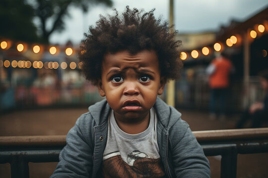 Portrait of offended upset african american child in amusement park, whiny little afro boy looking at camera