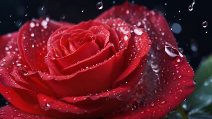 Naklejka premium Beautiful Red Rose with water-drops in the petals, Beautiful nature creations, High resolution AI generated image
