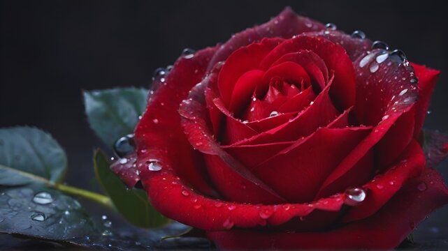 Beautiful red rose with water-drops in the petals, Beautiful nature creations, High resolution AI generated image