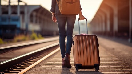 "Mujer con mochila y maleta caminando por la estación de tren durante un hermoso atardecer