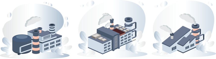 Industrial cityscape illustration. Depicts a row of industrial buildings, with chimneys rising into the sky.