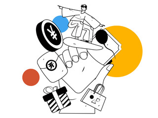 Holiday shopping people doing e-commerce online shopping flat vector concept operation hand drawn illustration
