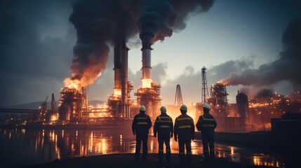 Group of engineers wearing safety stands looking at a large industrial factory background with chimneys and smoke. Generative AI. - Powered by Adobe