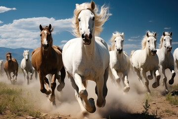 Horses running in an open field. Generative AI.