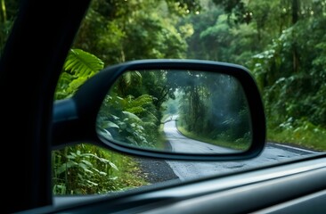 Rainy Drive - Car Side View Mirror Reflecting Wet Road and Lush Green Foliage