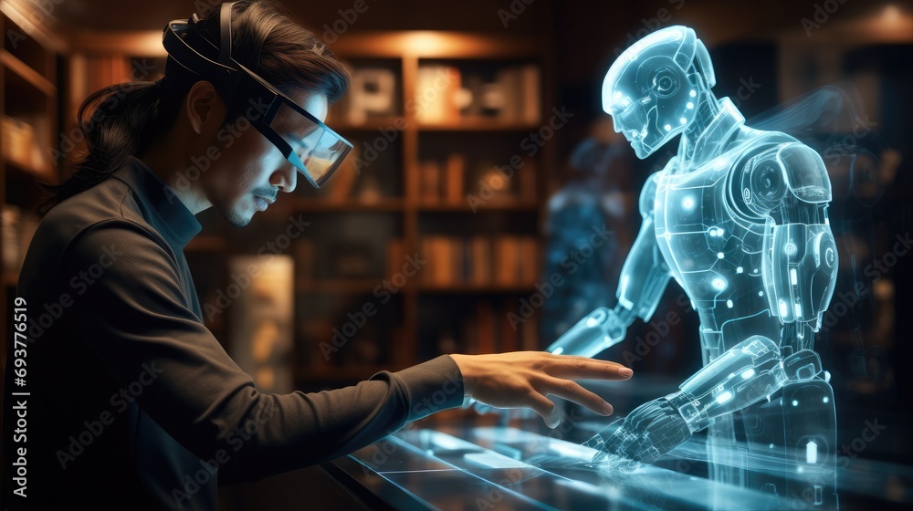 Poster asian woman working on with a humanoid robot on a large transparent futuristic virtual hologram mult