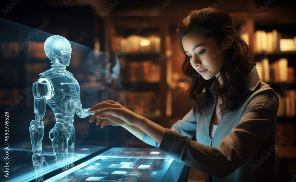 Poster asian woman working on with a humanoid robot on a large transparent futuristic virtual hologram mult