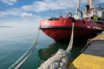Close-up of a large mooring rope on the pier. The red color ship is moored in the port.