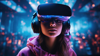 Young woman with neon lights wearing VR headset and experiencing virtual reality simulation, Metaverse and fantasy world. Generative AI.