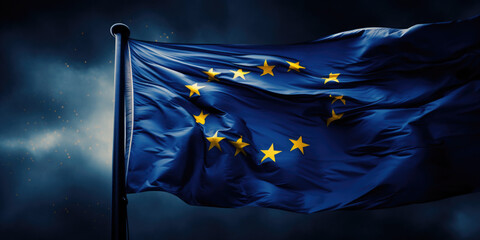 EU Flag Waving Against Dark Sky - obrazy, fototapety, plakaty