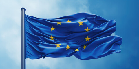 European Union Flag Waving Against Blue Sky - obrazy, fototapety, plakaty