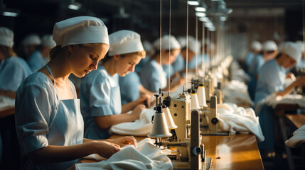 A lots of needleworkers working in factory. Generative AI.