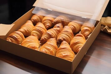 Bakery Employee Presenting Pastry Box with an Array of Fresh Croissants