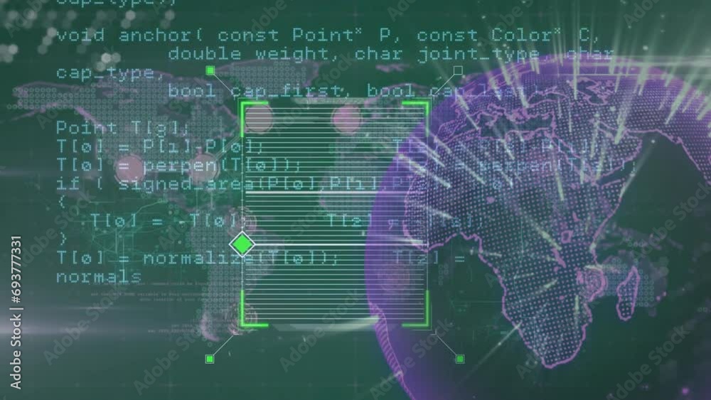 Poster animation of data processing over globe and world map on green background