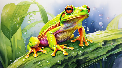 Poison vivid color frog. Poisonous animal of tropical rainforest.