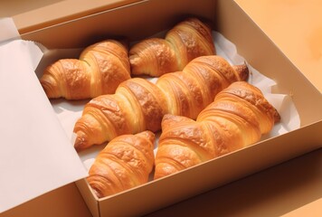 Top View of Fresh Baked Croissants in Bakery Box - Tempting Aromas and Golden Pastries