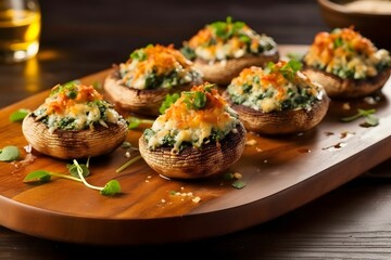 20.Stuffed Mushrooms on Wood Platter with Bold Contrast and Rich Hues in Teal and Light Brown, Exaggerated Elegance - obrazy, fototapety, plakaty