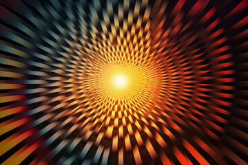 Optical illusion illustration of whirling motion created by brightly dynamic-colored spiraling spiky sharp edged square moire pattern