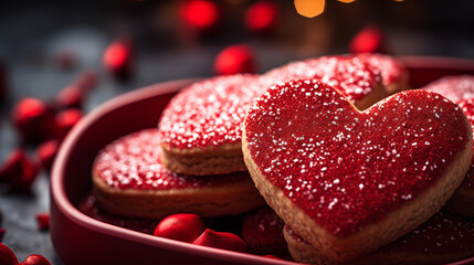 Red valentine's day cookies in the shape of love hearts